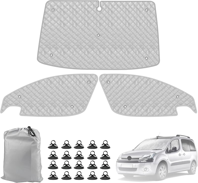 kswiown Citroen Berlingo napellenző szett 2008-2018, 3 részes szélvédő védelem, hőtükrös mat tárolóval
