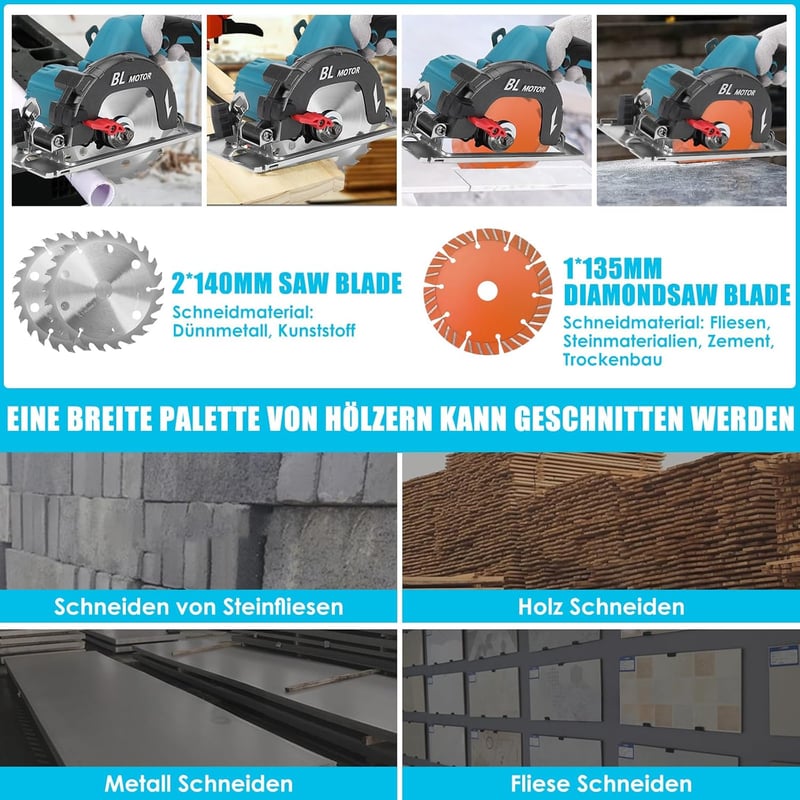 KSWIOWN Makita 18V Akkus Körfűrész Brushless Mini Kézi Fűrész 140mm Fűrészlappal