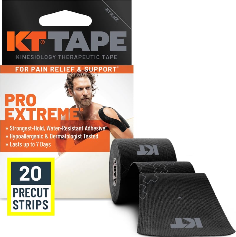 Kineziologická páska KT Tape Pro Extreme – Syntetická, vodoodolná, predstrihnutá, čierna, 25,4 cm – 4 – 7-dňová podpora, silná priľnavosť