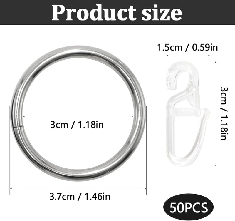 KtbeYTi 50 db fém függönykarika 30 mm belső átmérővel és 50 db műanyag függönyhorog zuhany ablak ajtó rúdhoz ezüst