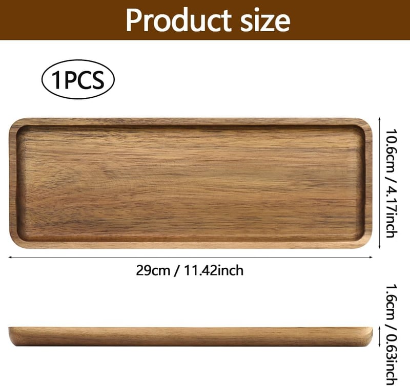 KtbeYTi Akácfa téglalap kínáló tálca 29 x 10.6 x 1.6 cm, konyhai reggeliző tál, étterem és bár