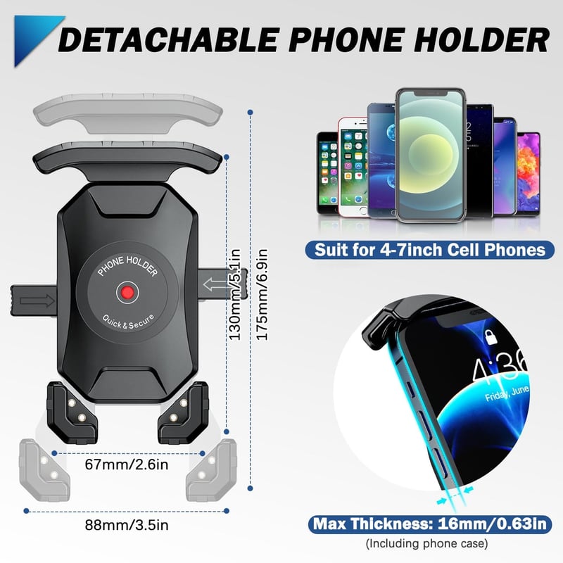KTUEOV 360° Forgatható Motoros Telefontartó 4-7" Okostelefonhoz Tükörre Szerelhető - black