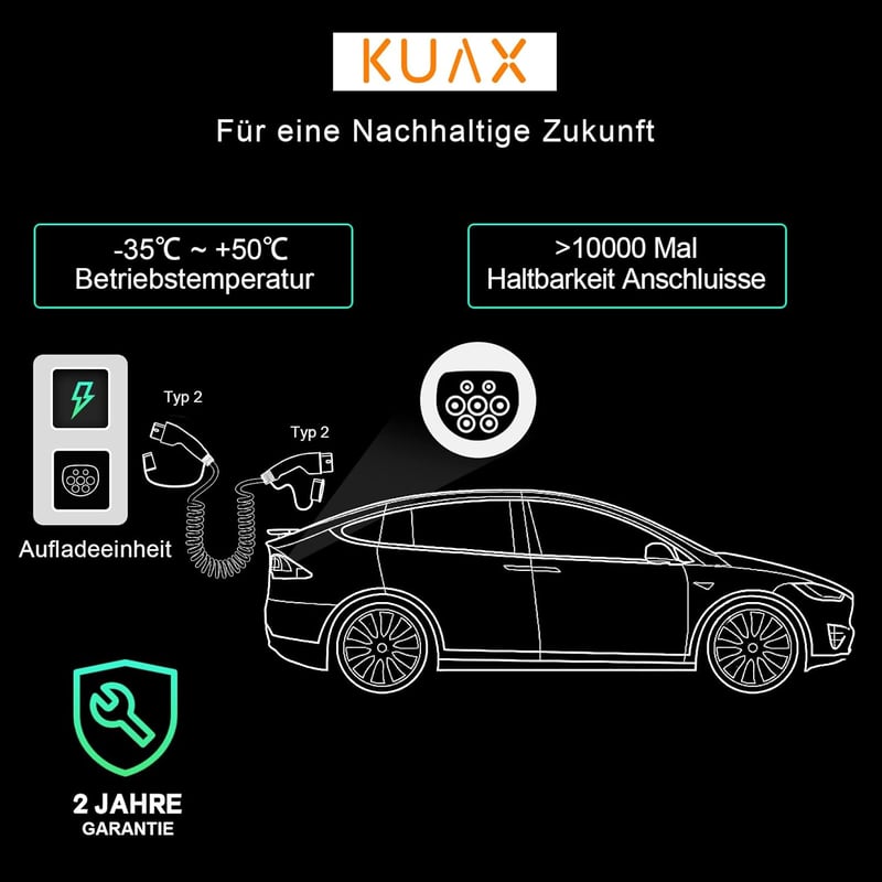 KUAX Type 2 töltőkábel 22 kW 32A 5m spirál fekete