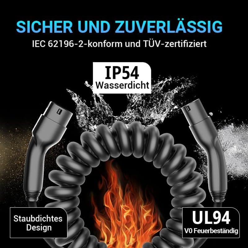 KUAX Type 2 töltőkábel 22 kW 32A 5m spirál fekete
