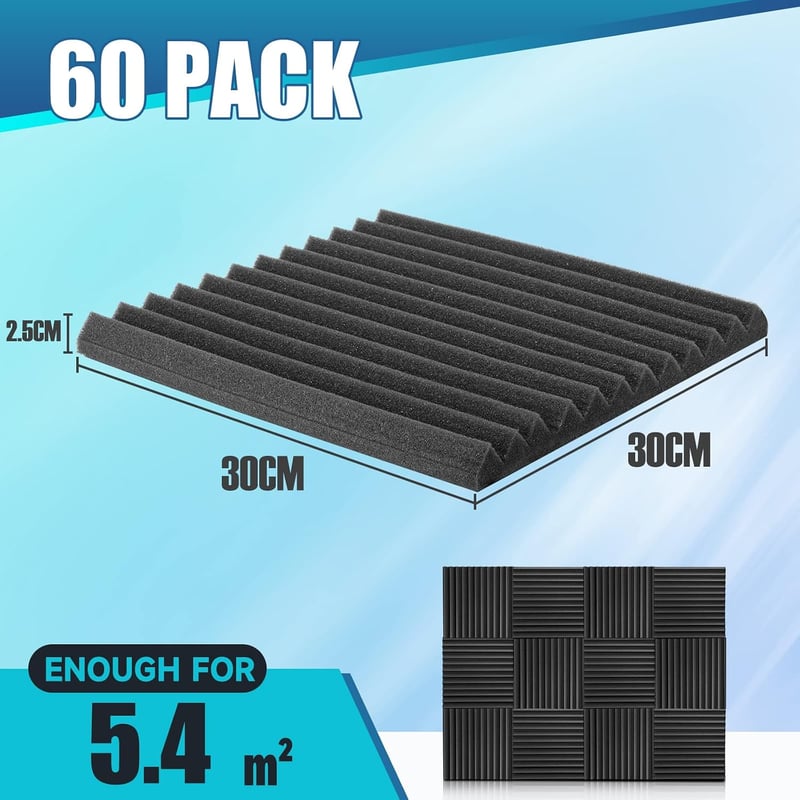 Kuchoow Akusztikus hab lapok öntapadós matricákkal 60 db 2,5x30x30 cm sötétszürke hangelnyelő gaming, podcast, stúdió, iroda