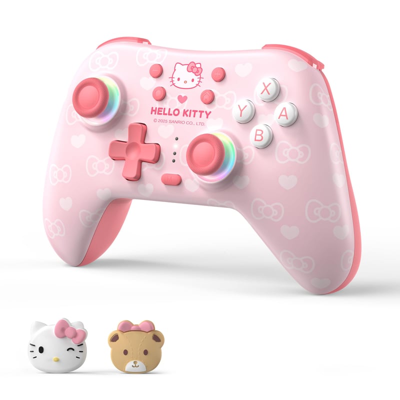Bezdrôtový PC ovládač Kuitmor s RGB, Hall efekt joystickmi, 1000 Hz, funkciou Turbo a programovateľnými tlačidlami pre PC, Switch, iOS, Android, Linux, ružový Hello Kitty