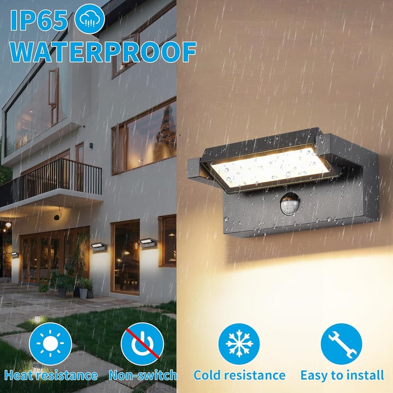 KUKAK 22W LED Kültéri-Beltéri Fali Lámpa Mozgásérzékelővel - 3000K Meleg Fehér, IP65 Vízálló, 350° Forgatható Panel, Kerthez, Teraszhoz