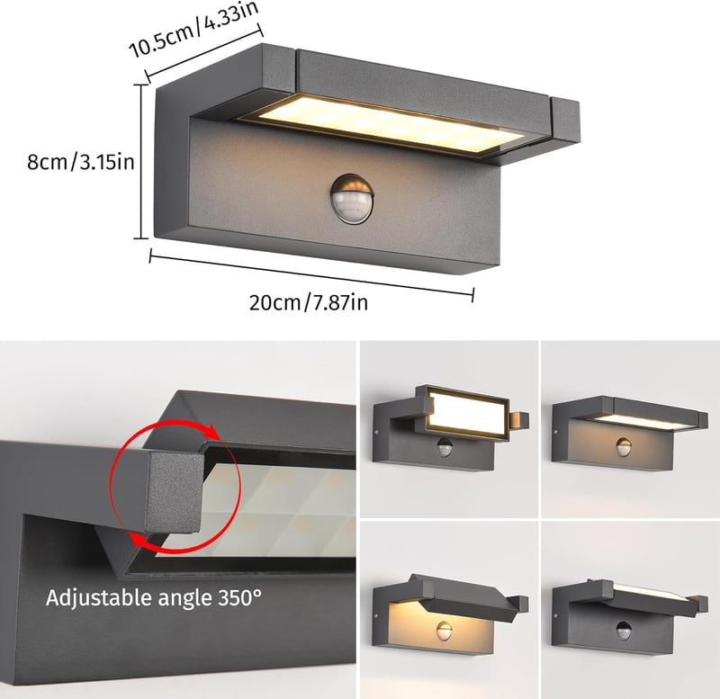 KUKAK 22W LED Kültéri-Beltéri Fali Lámpa Mozgásérzékelővel - 3000K Meleg Fehér, IP65 Vízálló, 350° Forgatható Panel, Kerthez, Teraszhoz