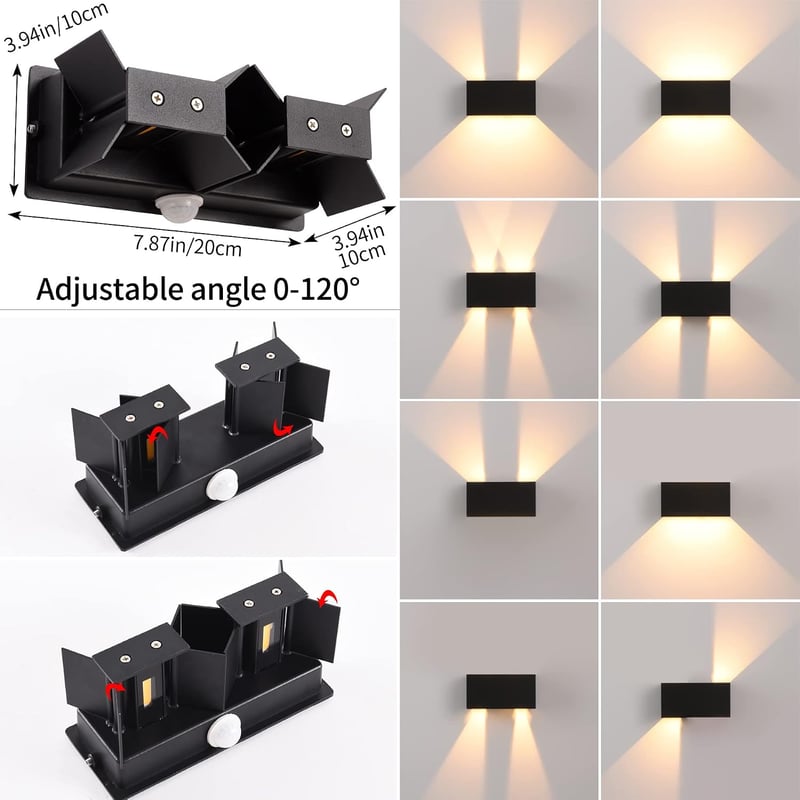 KUKAK LED fali lámpa mozgásérzékelővel 24 W kültéri beltéri fel le világít IP65 3000 K meleg fehér fekete