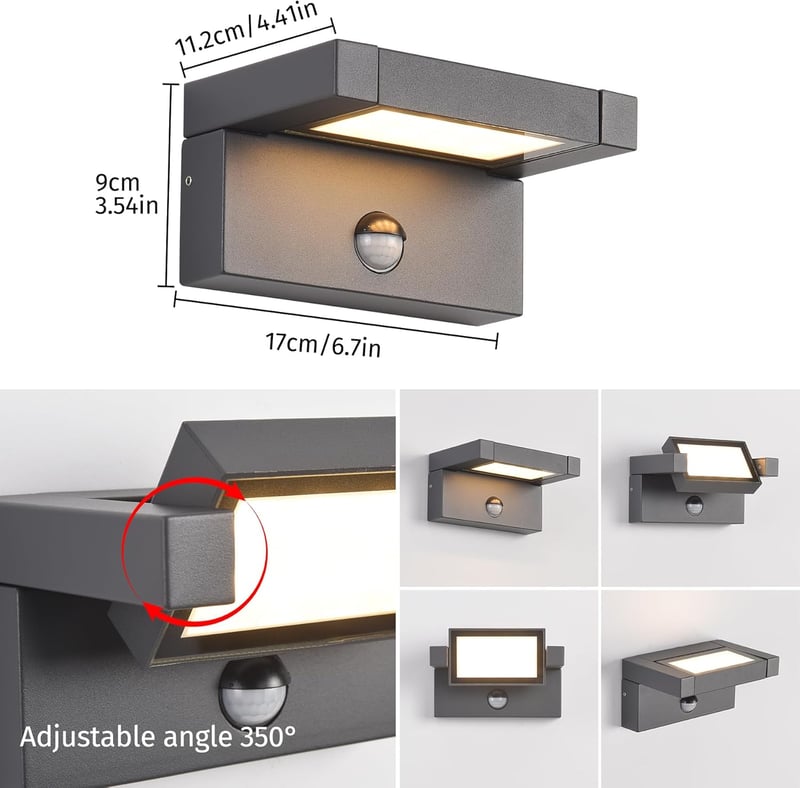 KUKAK LED kültéri fali lámpa mozgásérzékelővel, 350° forgatható, IP65 vízálló