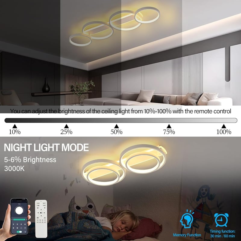 KUKAK LED Mennyezeti Lámpa Gyűrű Alakú Dimmelhető Távirányítóval 4 Izzó 60W
