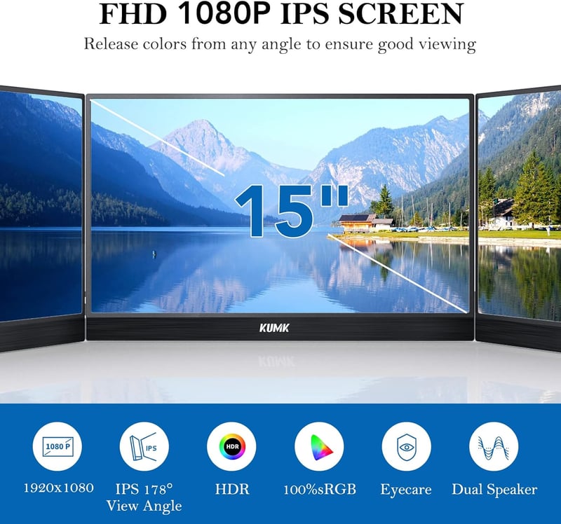 KUMK 15 Hüvelykes Hordozható Monitor 1080P FHD USB-C IPS Kijelző Laptop PC Mac Telefonhoz