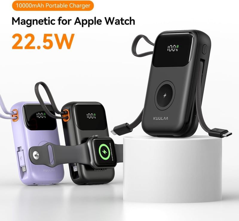 Kuulaa 10000 mAh Power Bank LED Kijelzővel - Mágneses Vezeték Nélküli Töltő Apple Watch és iPhone Készülékekhez - Beépített USB-C Kábellel, 