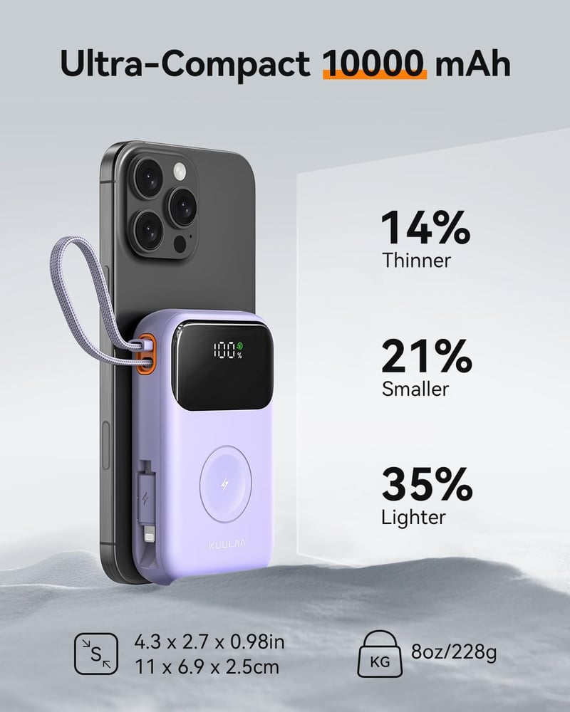 Kuulaa 10000 mAh Power Bank LED Kijelzővel - Mágneses Vezeték Nélküli Töltő Apple Watch és iPhone Készülékekhez - Beépített USB-C Kábellel, 