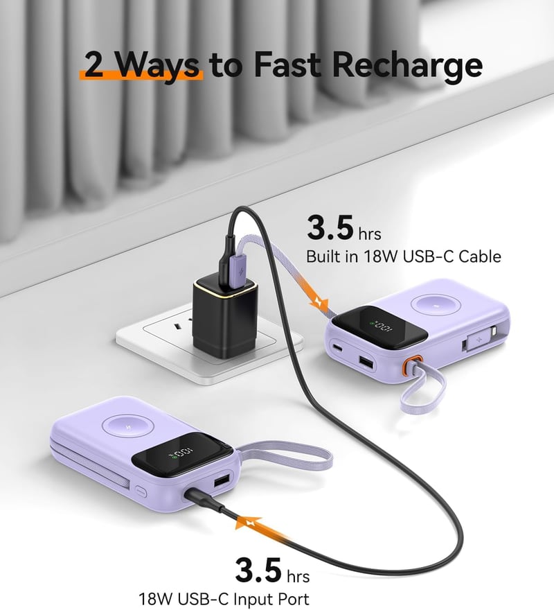 Kuulaa 10000 mAh Power Bank LED Kijelzővel - Mágneses Vezeték Nélküli Töltő Apple Watch és iPhone Készülékekhez - Beépített USB-C Kábellel, 