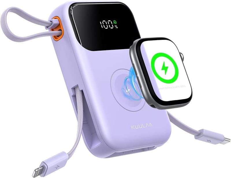 Kuulaa 10000 mAh Power Bank LED Kijelzővel - Mágneses Vezeték Nélküli Töltő Apple Watch és iPhone Készülékekhez - Beépített USB-C Kábellel, 