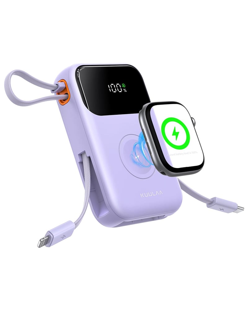 Kuulaa 10000 mAh Power Bank s LED Zaslonom - Magnetski Bežični Punjač za Apple Watch i iPhone Uređaje - S Ugrađenim USB-C Kabelom,