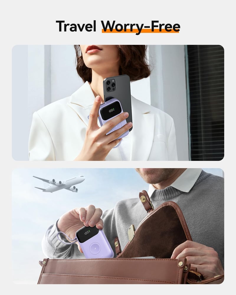 Kuulaa 10000 mAh Power Bank LED Kijelzővel - Mágneses Vezeték Nélküli Töltő Apple Watch és iPhone Készülékekhez - Beépített USB-C Kábellel, 