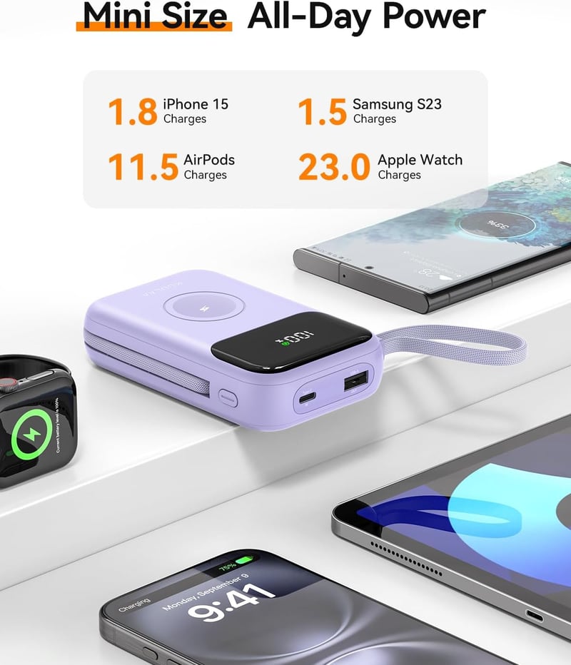 Kuulaa 10000 mAh Power Bank LED Kijelzővel - Mágneses Vezeték Nélküli Töltő Apple Watch és iPhone Készülékekhez - Beépített USB-C Kábellel, 