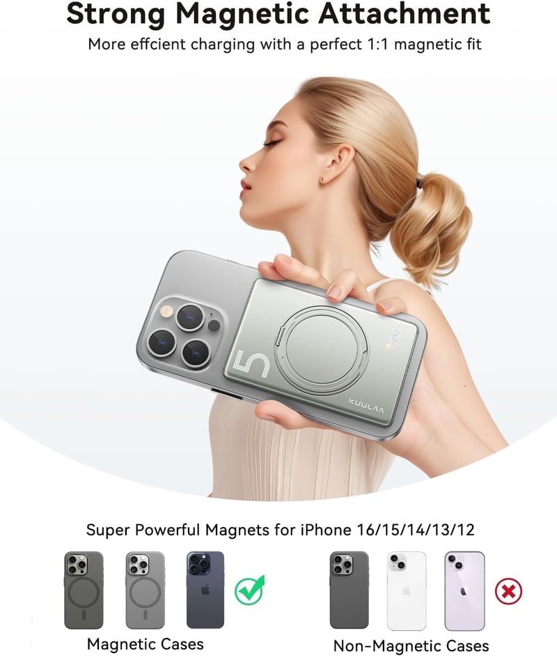 Kuulaa Mágneses Powerbank 5000mAh - Ultravékony 8mm, 20W PD Gyorstöltés, Vezeték Nélküli Töltő iPhone 16/15/14/13/12 Sorozathoz