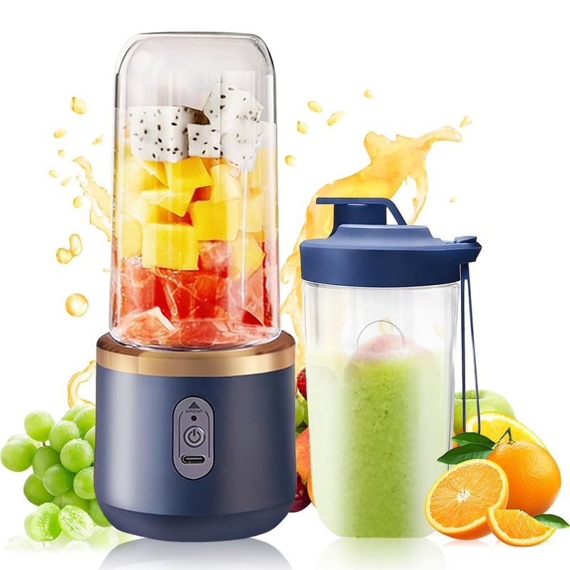 KUWUNG Prenosný mixér 400 ml, USB nabíjateľný mixér s náhradným pohárom a 6 čepeľami, mini výrobník smoothie na prípravu milkshakeov a ovocných štiav, modrý