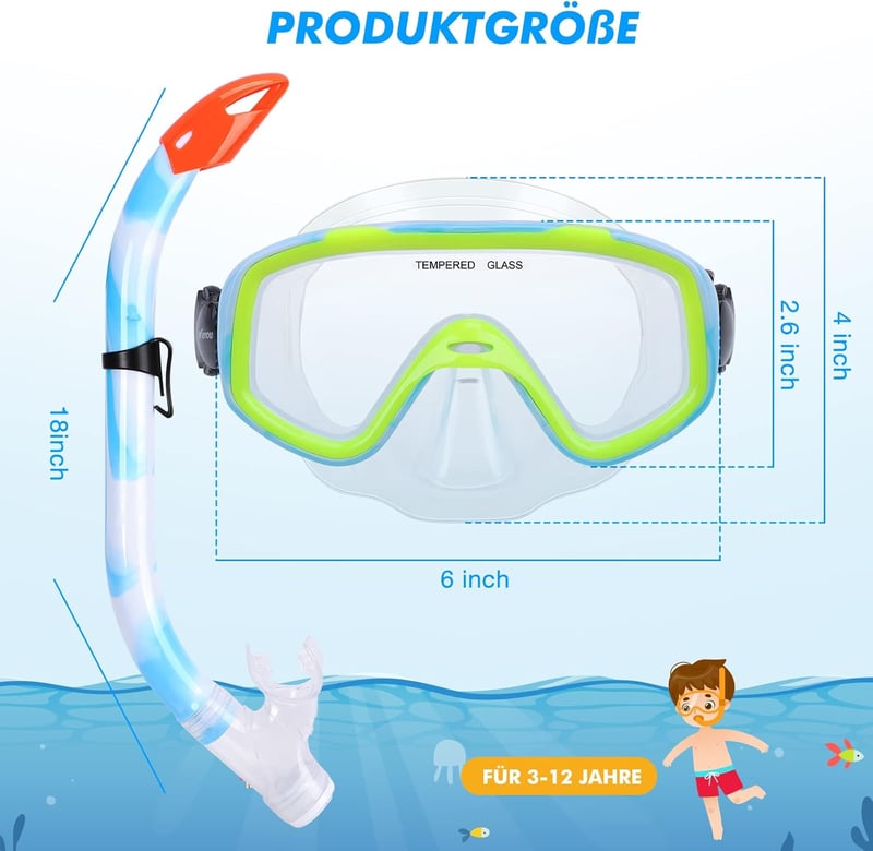 KUYOU Gyerek Snorkel Szett 180° Panoráma Maszk Búvárkodáshoz Fiúknak Lányoknak
