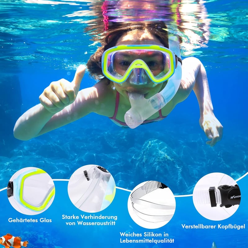 KUYOU Gyerek Snorkel Szett 180° Panoráma Maszk Búvárkodáshoz Fiúknak Lányoknak