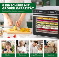 Kwasyo Ételszárító Rozsdamentes Acél 8 Tálcás 700W Dehidrátor Gyümölcs Hús Zöldség Szárításhoz 35-85°C Hőmérséklet Szabályozás 7