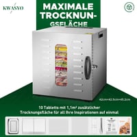 Kwasyo rozsdamentes acélból készült 10 szintes élelmiszer szárítógép 30-90°C hőmérséklet szabályozással és 24 órás időzítővel 4