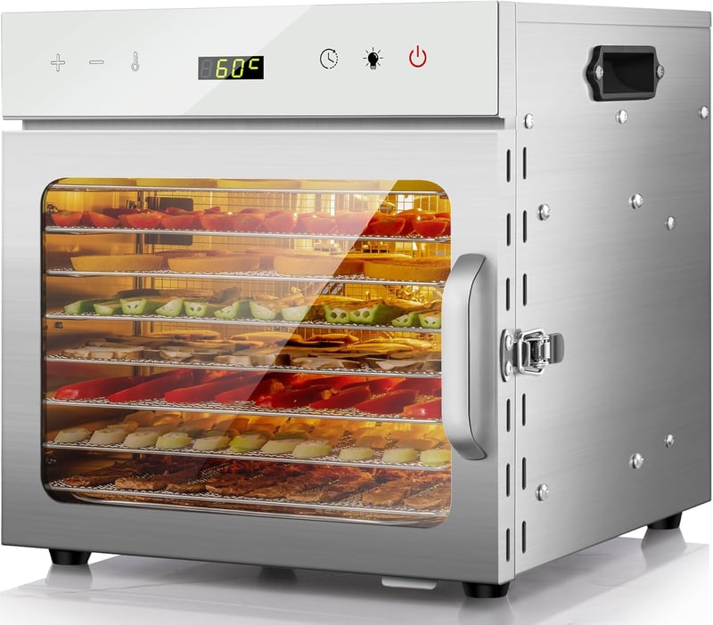 Kwasyo rozsdamentes acélból készült szárító, 8 szint, 6 tálca, 30-90°C, 24 órás időzítés