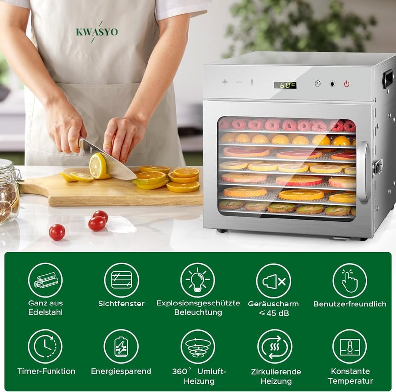 Kwasyo rozsdamentes acélból készült szárító, 8 szint, 6 tálca, 30-90°C, 24 órás időzítés