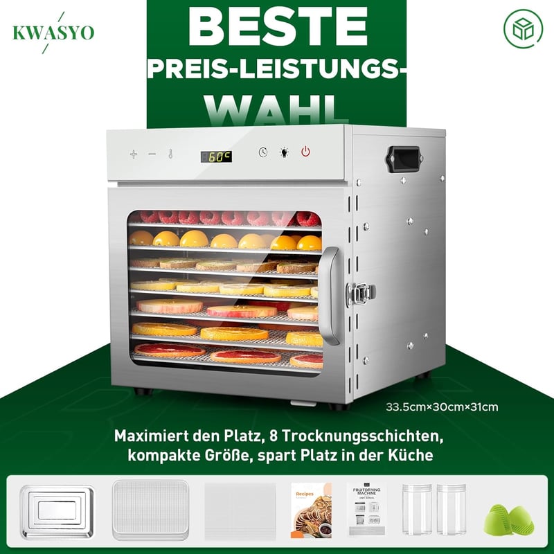 Kwasyo rozsdamentes acélból készült szárító, 8 szint, 6 tálca, 30-90°C, 24 órás időzítés