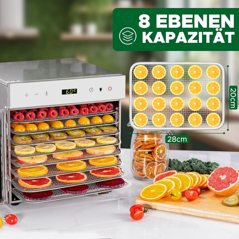 Kwasyo rozsdamentes acélból készült szárító, 8 szint, 6 tálca, 30-90°C, 24 órás időzítés