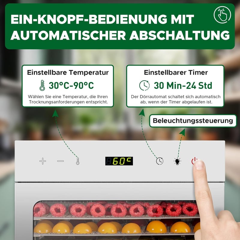 Kwasyo rozsdamentes acélból készült szárító, 8 szint, 6 tálca, 30-90°C, 24 órás időzítés