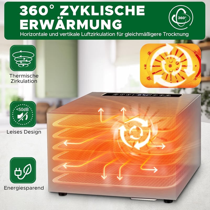 Kwasyo Rozsdamentes Élelmiszer Szárító 6 Szinttel, 30-90°C Hőmérséklet Szabályozás, 24 Órás Időzítő