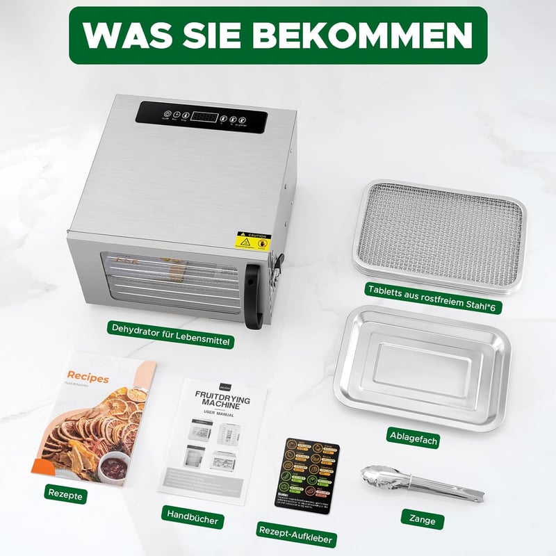 Kwasyo Rozsdamentes Élelmiszer Szárító 6 Szinttel, 30-90°C Hőmérséklet Szabályozás, 24 Órás Időzítő