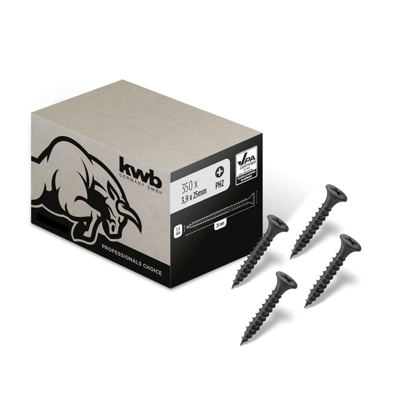 kwb Gipszkartón Csavar 3.9x25mm PH2 350db Fekete Foszfátozott Finom Menet