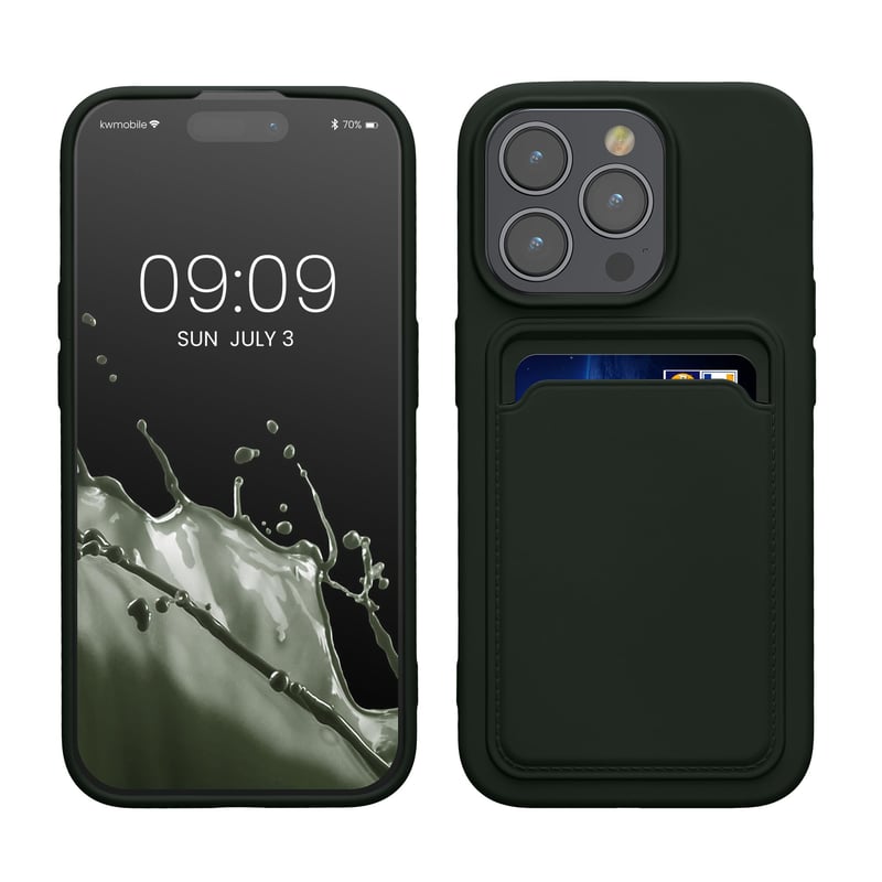 Kryt na Apple iPhone 15 Pro kwmobile s priehradkou na karty – TPU ochranný kryt s podporou bezdrôtového nabíjania – tmavozelený