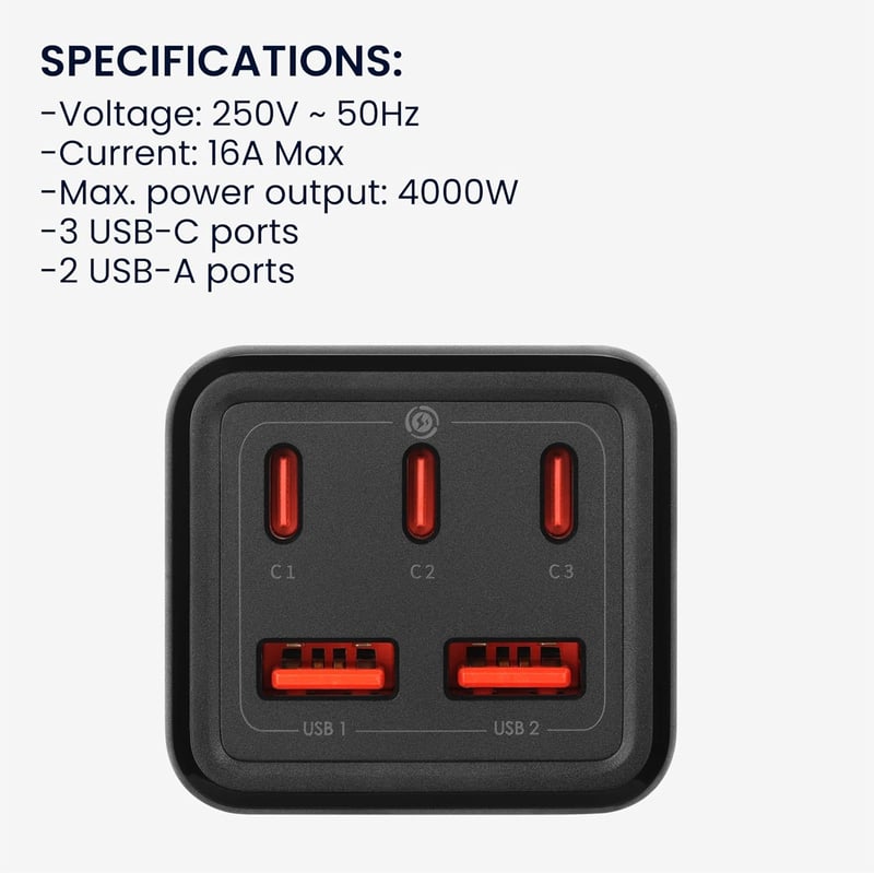 kwmobile Asztali Elosztó 75W GaN Töltővel, USB-A/C Portokkal és 1,5m Kábellel