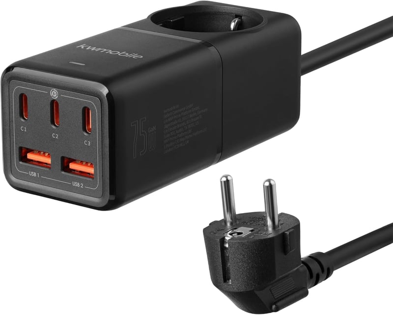 kwmobile Asztali Elosztó 75W GaN Töltővel, USB-A/C Portokkal és 1,5m Kábellel