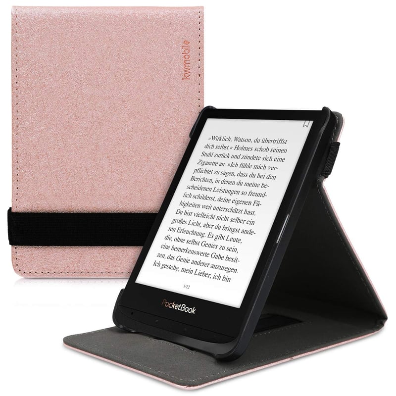 Obal kwmobile pre čítačku e-kníh Pocketbook Touch Lux 4/5/Touch HD 3/Color (2020)/Vivlio Lux 5 – Flipové puzdro zo syntetickej kože so stojanom – ružovo-zlaté