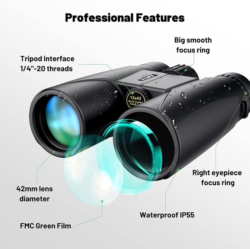 Kylietech 12x42 HD távcső vízálló madármegfigyeléshez, túrázáshoz, vadászathoz