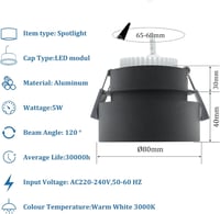KYOTECH Indirekt Mennyezeti Spotlámpa LED 5W Meleg Fehér 3000K 400LM Fekete 3
