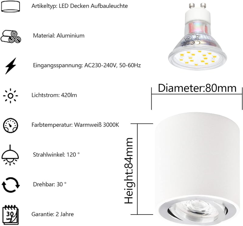 KYOTECH LED Beépíthető Mennyezeti Lámpa Forgatható 80mm Meleg Fehér 3000K