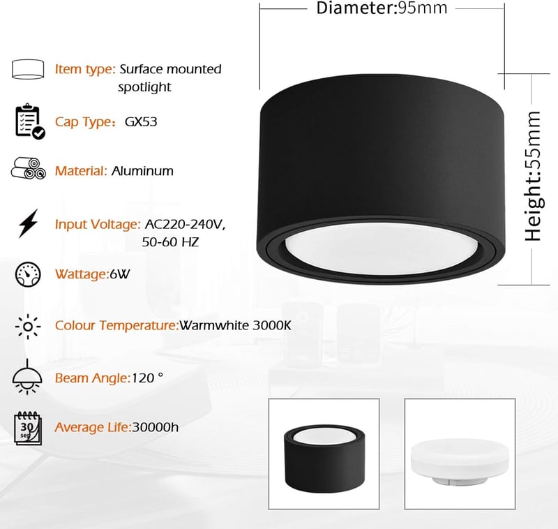 KYOTECH LED beépíthető spot fekete 230V GX53 6W meleg fehér 3000K