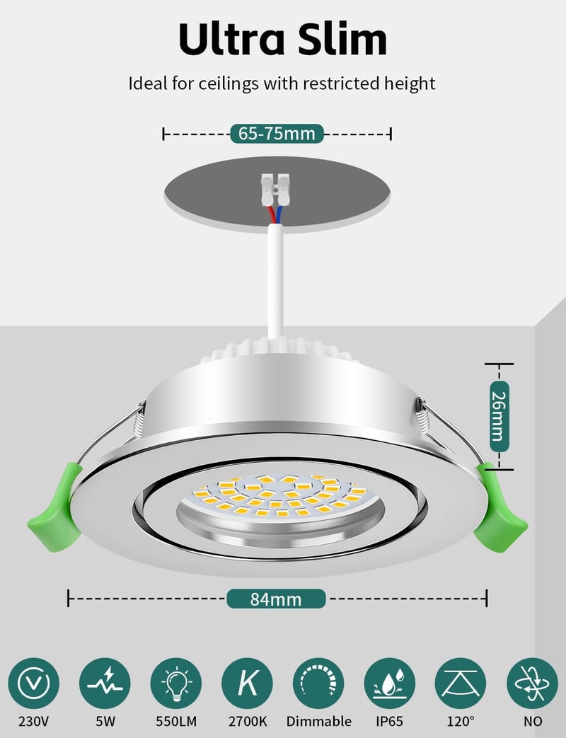 KYOTECH LED süllyesztett spot 230V dimmelhető 5W IP65 65-75 mm 2700K meleg fehér nikkel szett 6 db nem forgatható