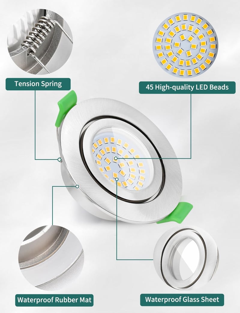 KYOTECH LED süllyesztett spot 230V dimmelhető 5W IP65 65-75 mm 2700K meleg fehér nikkel szett 6 db nem forgatható