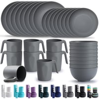 Set de 32 de piese de veselă reutilizabilă din plastic Kyraton, cu farfurii, căni și boluri pentru 8 persoane, compatibil cu microundele, fără BPA, lavabil în mașina de spălat vase 1