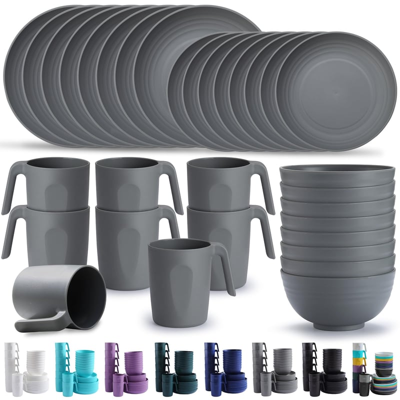 Set de 32 de piese de veselă reutilizabilă din plastic Kyraton, cu farfurii, căni și boluri pentru 8 persoane, compatibil cu microundele, fără BPA, lavabil în mașina de spălat vase