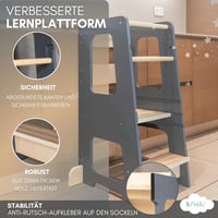 KYWAI Montessori Tanulótorony Bambuszból - 3 Magasságban Állítható, Csúszásgátló Csíkokkal, 1-6 Éves Gyerekeknek, Stabil Fa Szerkezet, Szürk 2